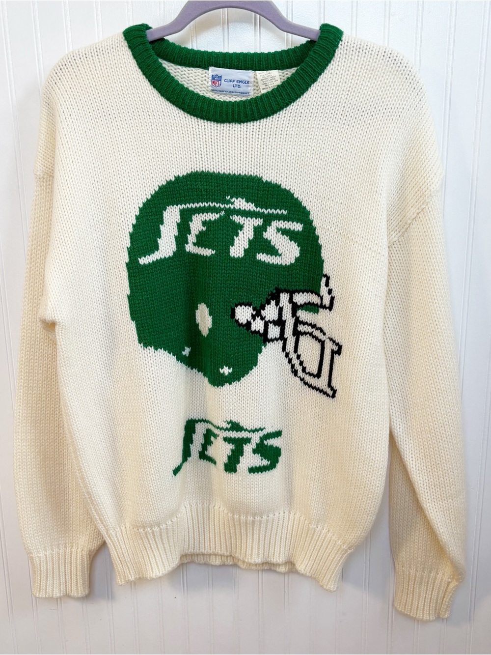 Vintage NY Jets Cliff Engle NFL Football Helmet Knit Sweater Men’s Cream & Green